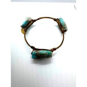 Handcrafted Gold Wire Bangle Bracelet With Natural Amazonite Stones & "H.D." Tag